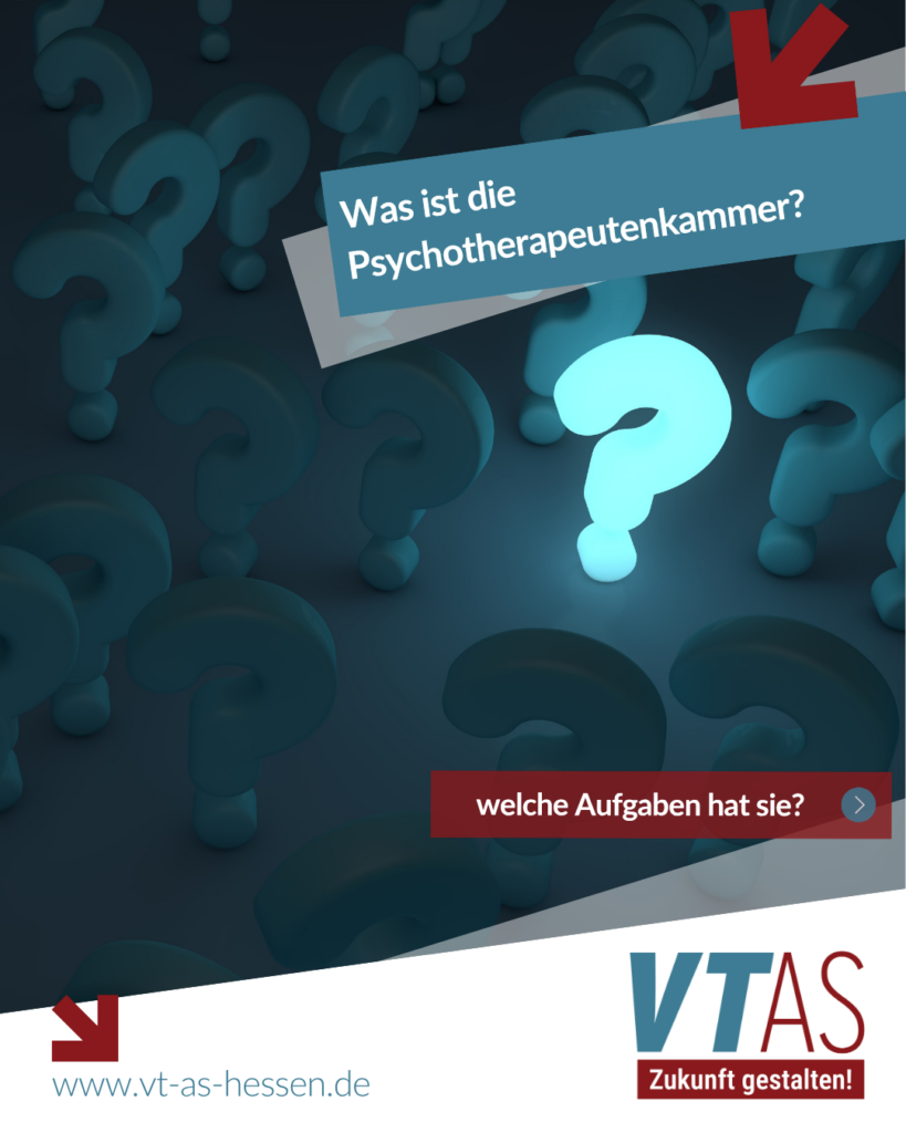 Grafik mit Fragezeichen und dem Titel „Was ist die Psychotherapeutenkammer?“